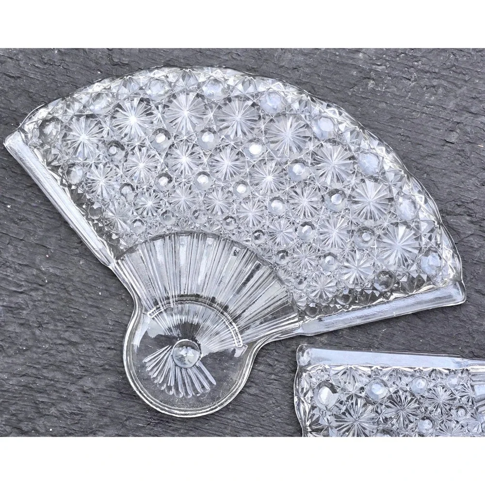 1960's Anchor Hocking Clear Fan Shaped Snack & Drink Plates Daisy and Button 2pc